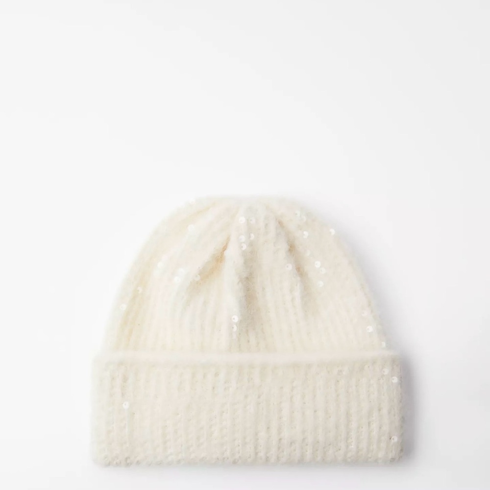 Zara Cream Sequin Knit Hat